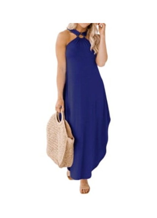 Rochie lunga dama, eleganta, fara spate, guler halter, albastra, poliester, XL INTL