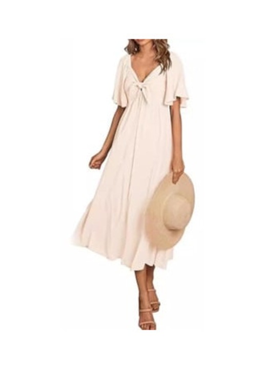 Rochie casual midi de dama, decolteu cu funda, poliester, bej, XL INTL