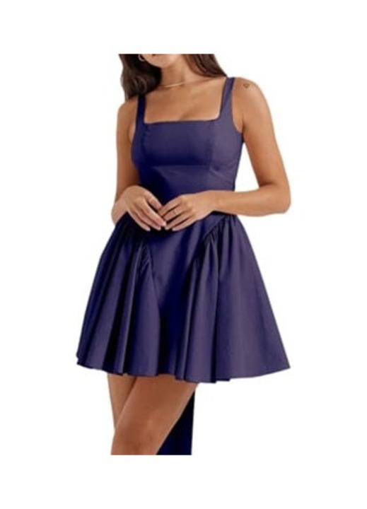 Rochie scurta casual, decolteu patrat, spate deschis, talie inalta, albastru, poliester, L INTL