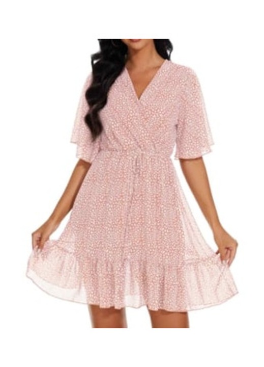 Rochie scurta de dama, volane, roz, poliester, S INTL