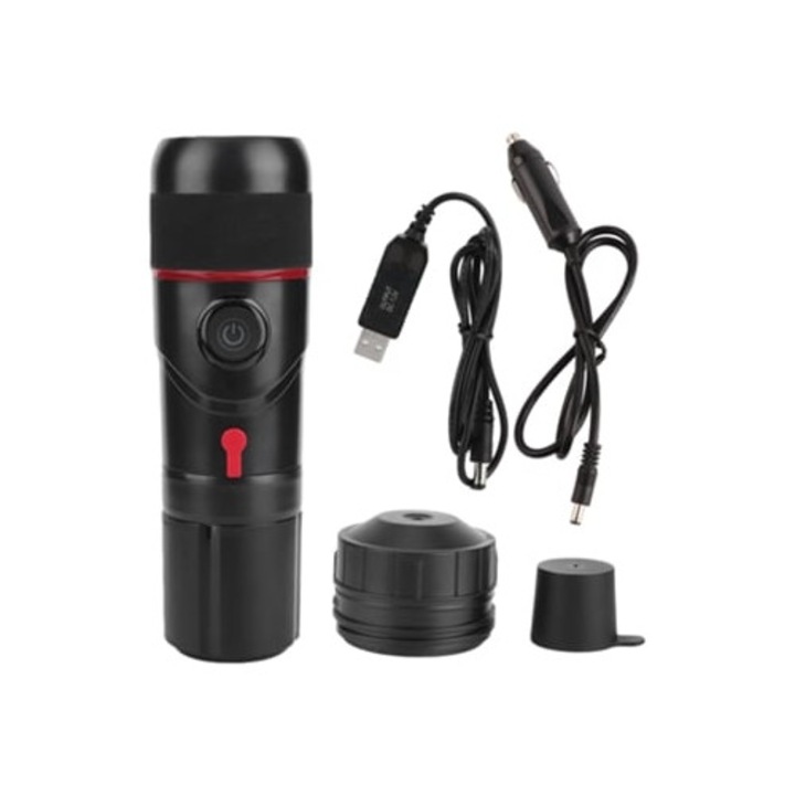 Cafetiera portabila pentru casa si masina, incalzire USB/bricheta auto, accesorii incluse, negru