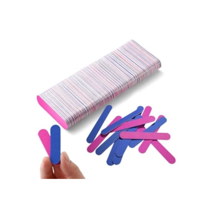 Set 100 Pile Cosmetice Mini, 2 Inch, cu Doua Fete, pentru Manichiura si Pedichiura, Roz/Albastru