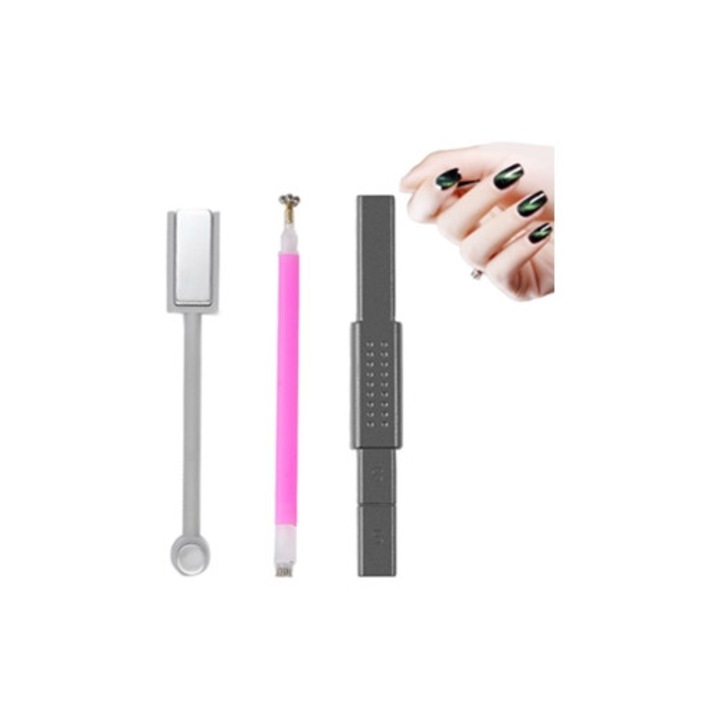 Placa magnetica pentru unghii Cat Eye, functie duala, stick magnetic multifunctional, 3 piese