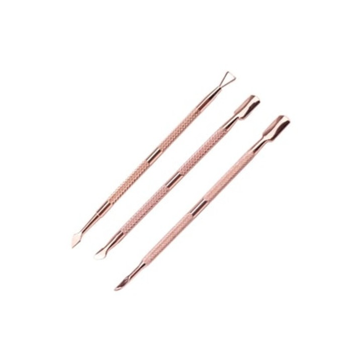 Set 3 instrumente pentru unghii, Impingator de cuticule/Razuitor pentru unghii, Durabil, Roz-Auriu