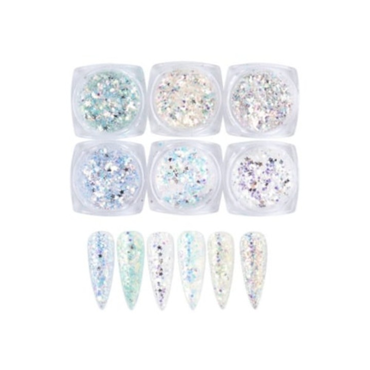 Set glitter holografic pentru unghii, 6 cutii, paiete 3D, multicolor