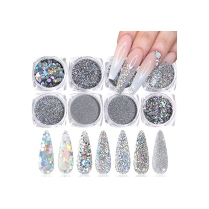 Set glitter holografic pentru unghii, 8 cutii, argintiu