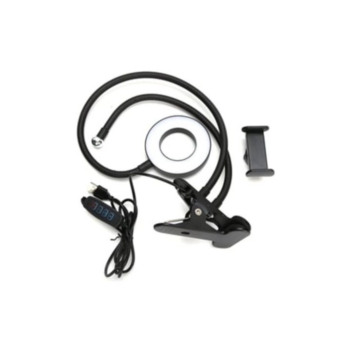 Lampa Ring Light pentru Selfie, 9cm, 3 culori, 10 niveluri de luminozitate, cu suport pentru telefon, neagra