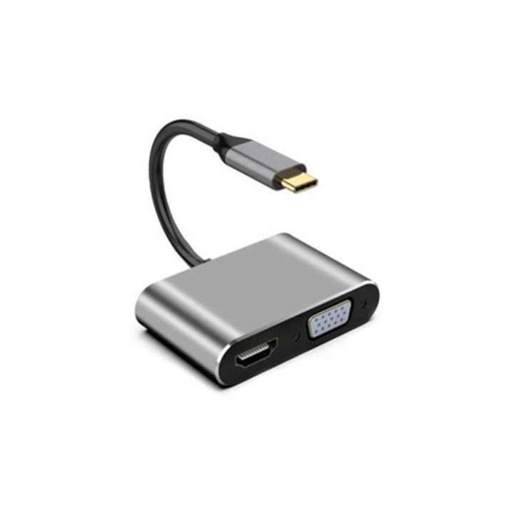4 az 1-ben dokkoló állomás USB, HDMI, VGA, USB-C töltéshez, ezüst