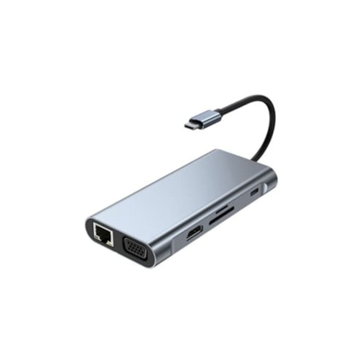 Statie de andocare USB C 10 in 1 pentru laptop Macbook/Dell/HP, argintiu