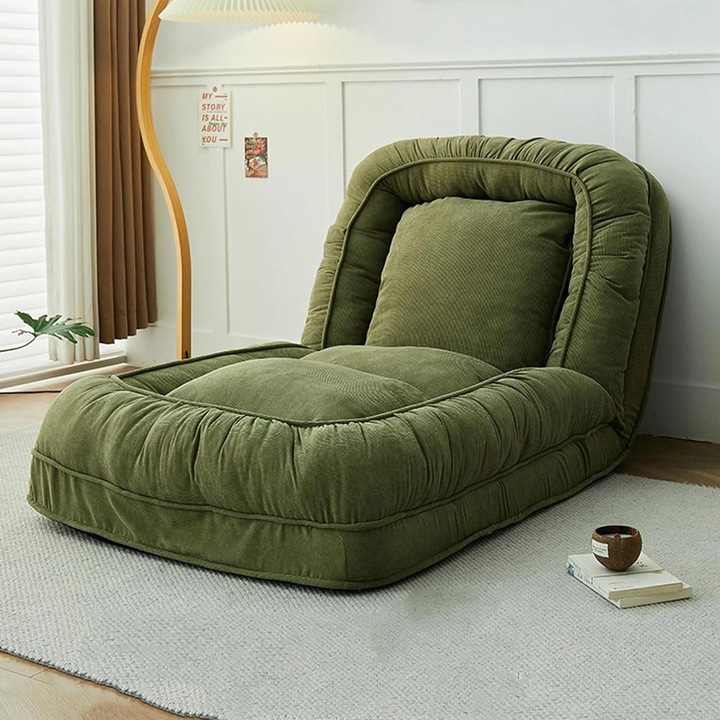 Canapea pliabila de podea 178 cm – Sezlong reglabil tip lounge pentru interior, Pliabil, Perna moale, Husa, Spatar ajustabil multiplu, Design confortabil pentru living sau dormitor, Versatil, Verde