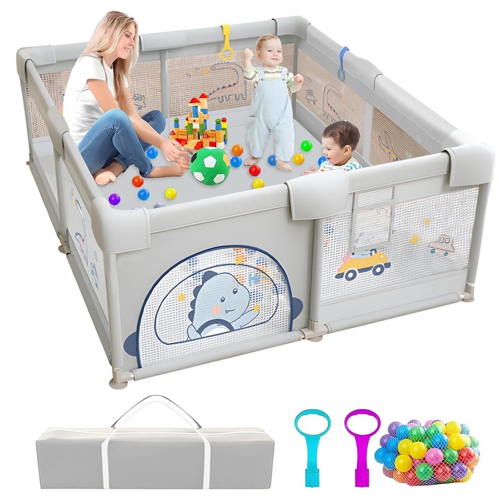 Детска кошара Morovan, с включени 60 топки, 2 поддържащи ринга, дишаща мрежа, 120x180x65 см, Динозавърче