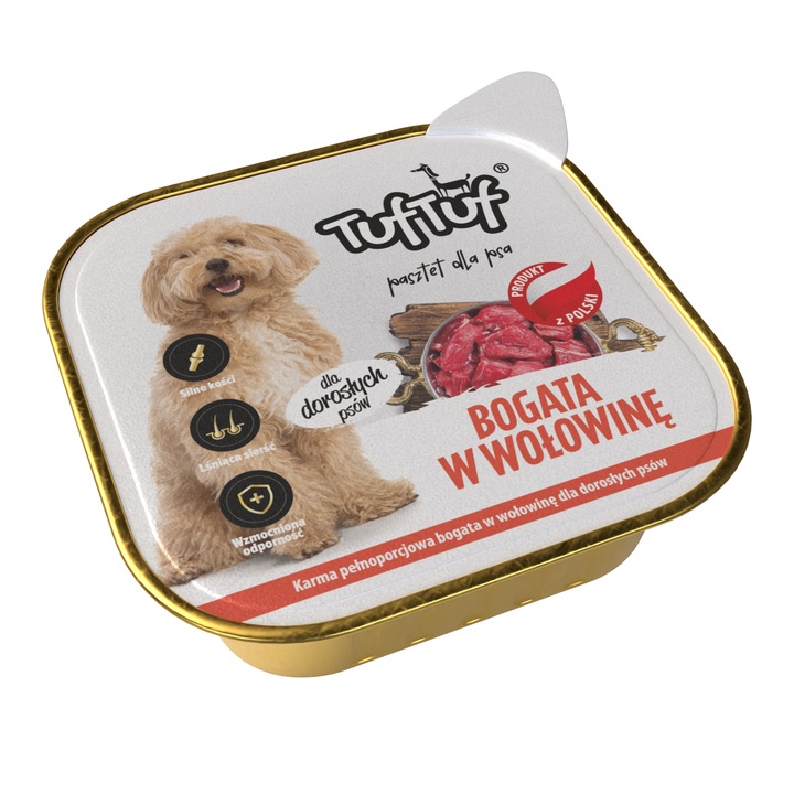 Hrana umeda pentru caini TufTuf pastrama de vita 300g, fara coloranti si conservanti, sustine sistemul circulator si imunitar