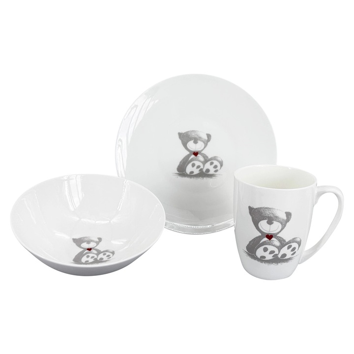 Комплект съдове за хранене за деца, by inspire, 3 части, порцелан, бял/сив