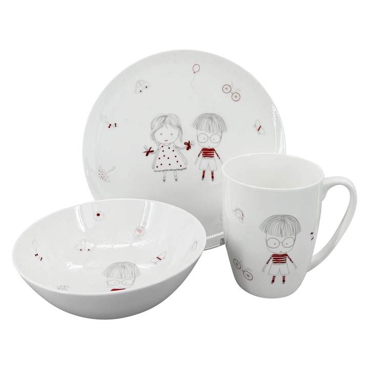 Set de masa pentru copii, by inspire, 3 piese, portelan, alb/gri