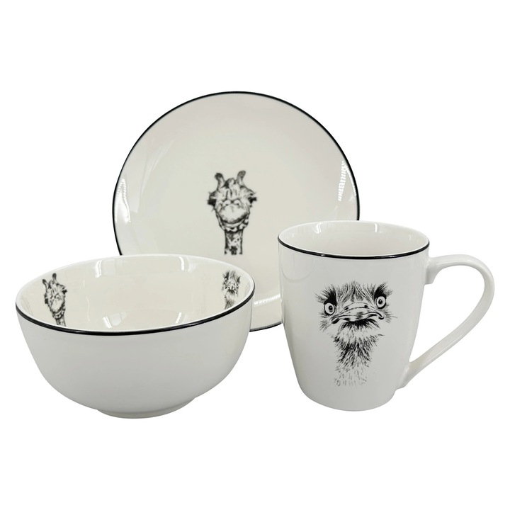 Комплект за хранене, порцелан, by inspire, 3 части, бял/черен