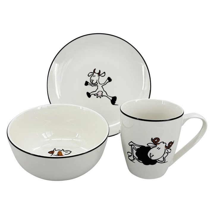 Комплект съдове за хранене за деца, by inspire, 3 части, бял/черен, порцелан