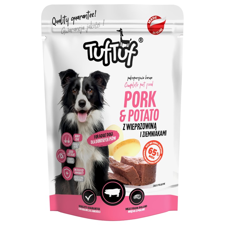 Hrana pentru caini, TufTuf, cu carne de porc si cartof, 300g, set 10 bucati