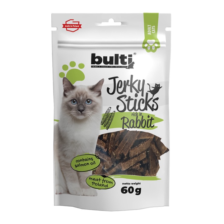Biscuiti pentru pisici BULTI Jerky Sticks cu iepure 60g, bogati in omega-3