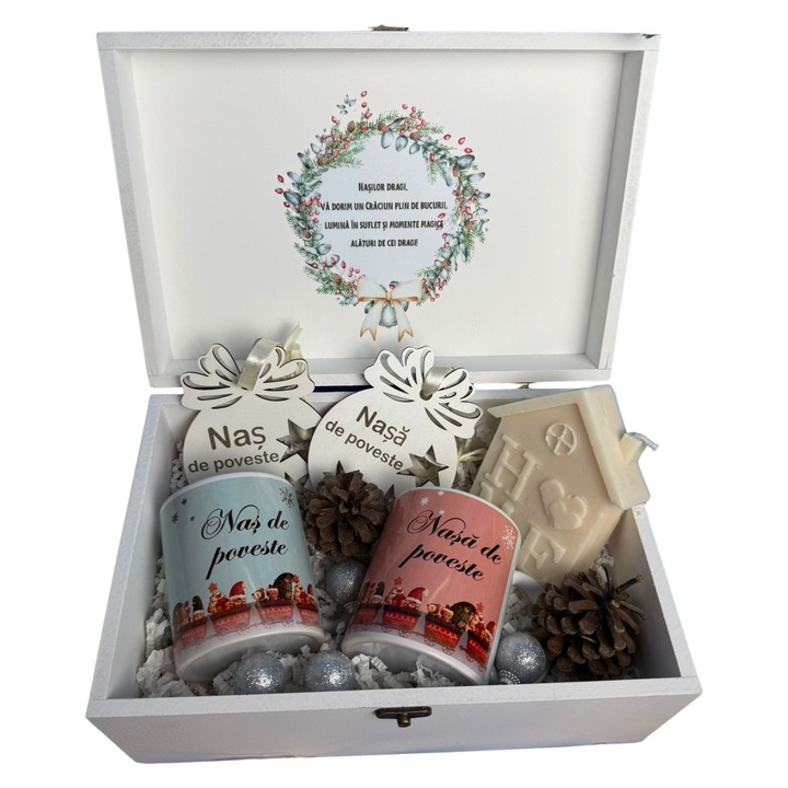 Cutie personalizată de Crăciun, set cadou elegant, 2 căni personalizate, 20x30cm