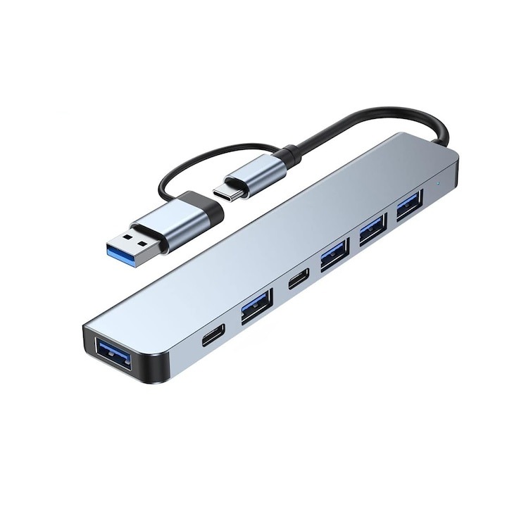 Hub USB tip C 7 porturi, adaptor USB A inclus, 4 porturi USB 2.0, 1 port USB 3.0, 2 porturi USB C PD, aluminiu gri metalizat, Dactylion®