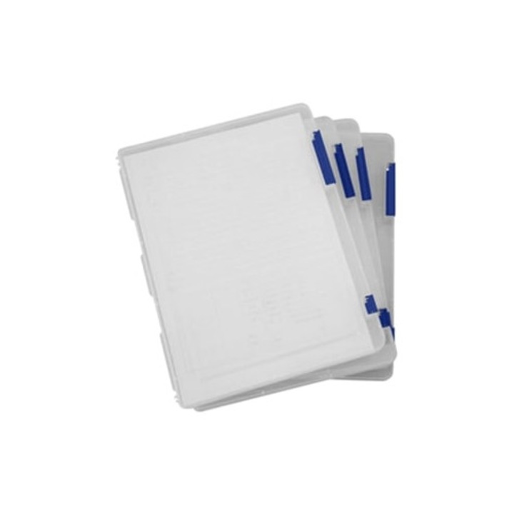 Cutie de depozitare din plastic transparent cu manere metalice, design stivuibil, capac transparent, suporturi documente