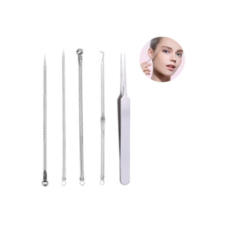 Set 5 instrumente pentru indepartarea punctelor negre si a imperfectiunilor, cu pensete pentru fata, frunte si nas