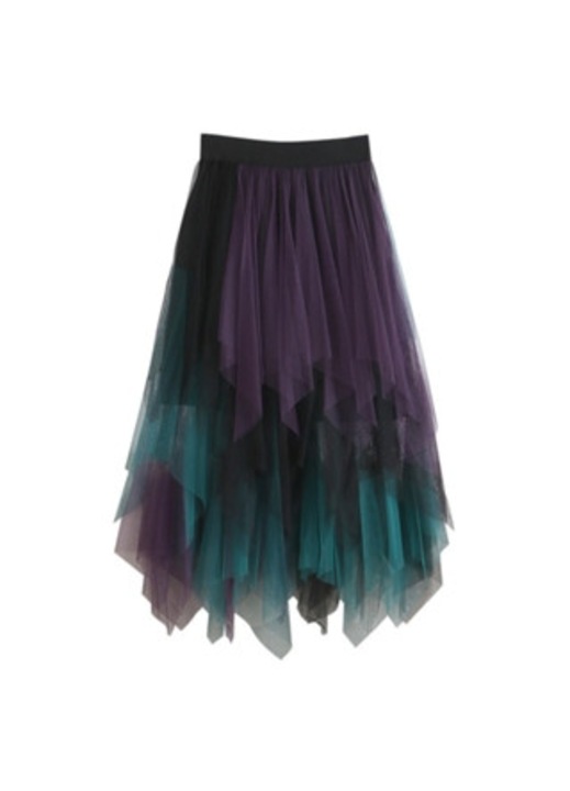 Fusta asimetrica formala, midi, mov-verde, elastica, talie inalta, One Size INTL