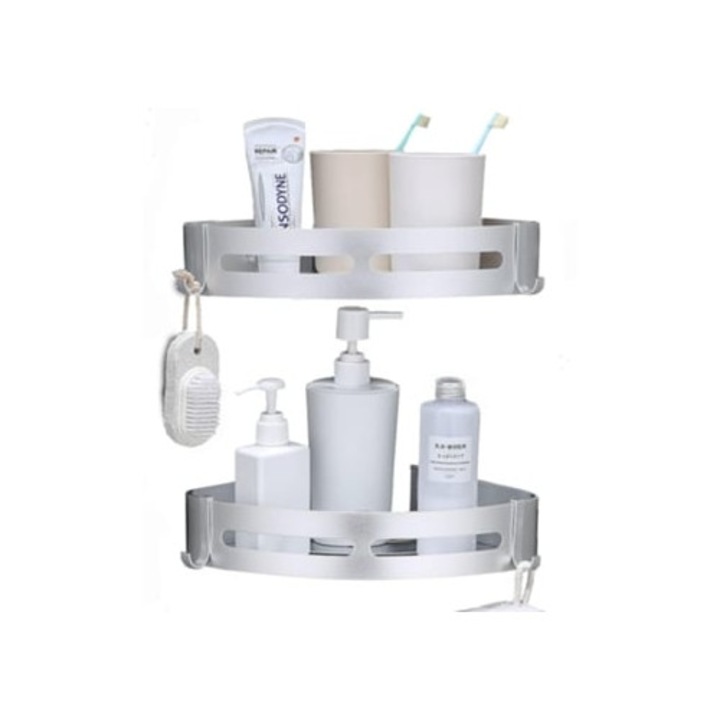 Zuhany saroktartó, alumínium kivitel, gyorsan száradó öntapadós polc, levehető kampókkal, 30x15x10cm