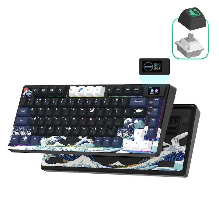 Timebox mechanikus gamer billentyűzet, 75%, Multimédiás színes kijelző, USB-C, Hot-swapable 3/5 pin, Tömített rögzítés EVA lemezzel, RGB 19 effekt, 9 szín, Billentyűsapkák, Mac/Win, Fekete
