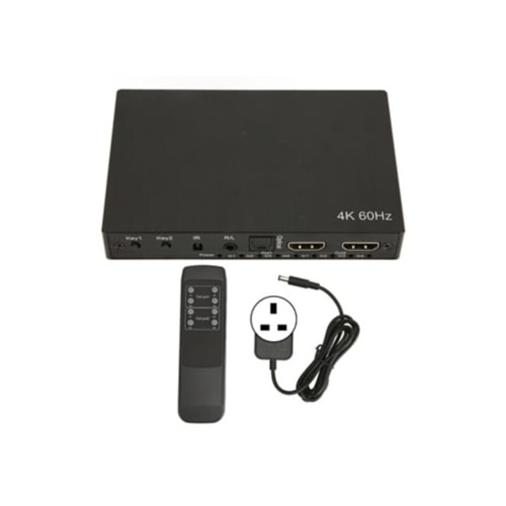 Multimédiás kapcsoló 4K HD, 4 bemenet, 2 kimenet, optikai 3.5mm audio kimenet, IR vezérlés, 100-240V