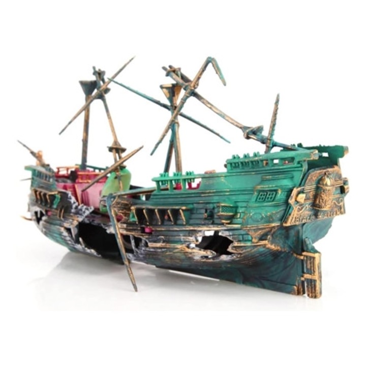 Akváriumi dekoráció, valósághű elsüllyedt hajó, stabil tartó, édesvízhez vagy sósvízhez