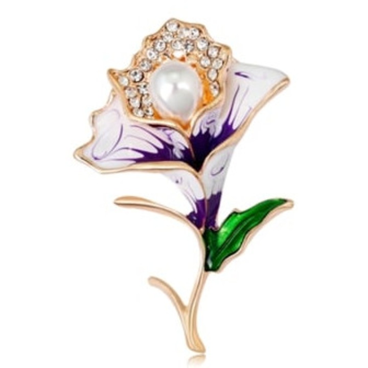 Brosa vintage cu design floare soarelui, strasuri, perle artificiale, efect de ulei