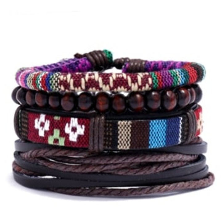 Bratara multilayer unisex, design etnic tribal, cordoane de canepa si margele din lemn, ajustabila