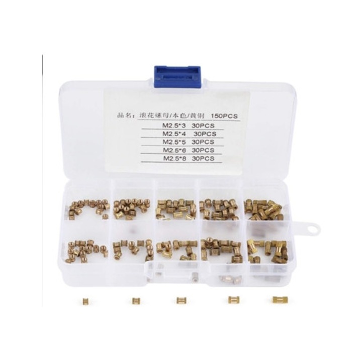 Sárgaréz M2.5 betétek, készlet, fröccsöntéshez, megbízható rögzítés, kiváló minőségű anyag