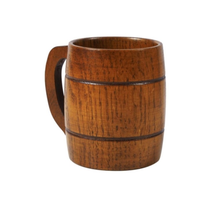 Cana din lemn, maner confortabil, model sculptat manual, pentru bere, ceai, suc, 300ml