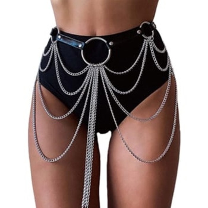 Állítható öv, női comb, gótikus punk hastánc láncok, bőr design (egy méret)
