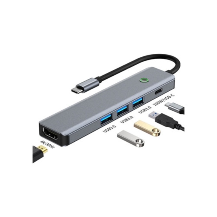 Hub USB 6-in-1 cu adaptor USB la USB C, splitter HDMI, buton de oprire ecran tactil