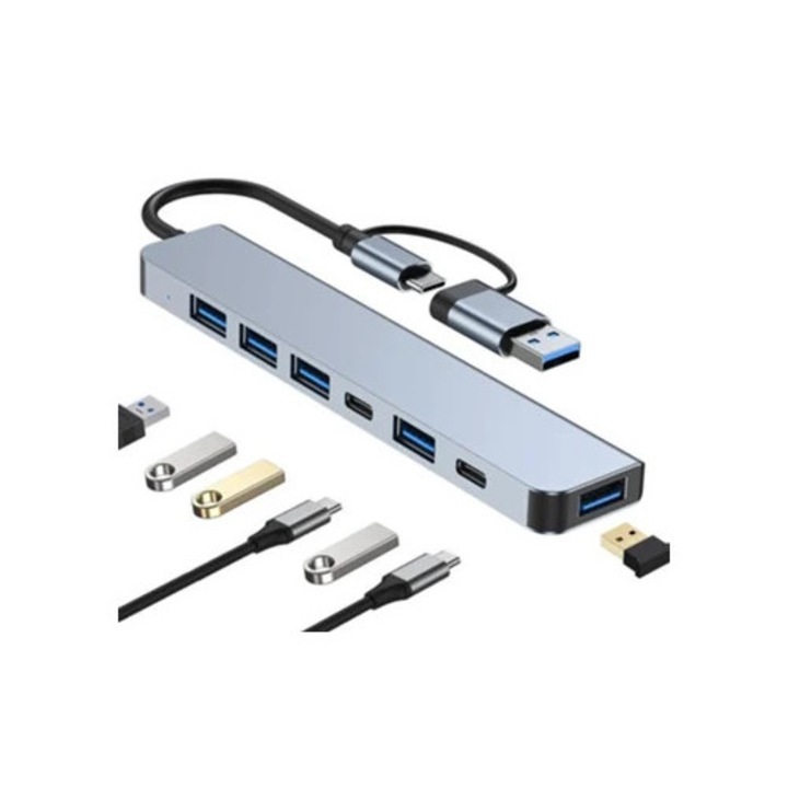Hub USB 7-in-1, 5 porturi USB, 2 porturi USB 3.0, aluminiu, pentru Macbook iPad