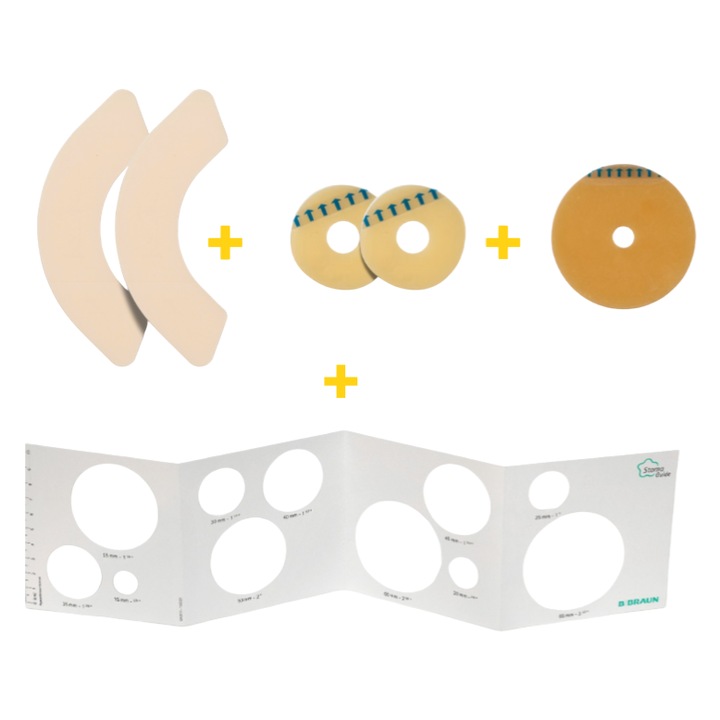 Pachet KOMFORT 1, colostomie/ileostomie/urostomie, cu 2 x semiluna fixare flansa punga + 2 x inele hidrocoloid de 50mm + 1 x inel hidrocolid 100mm + 1 x sablon
