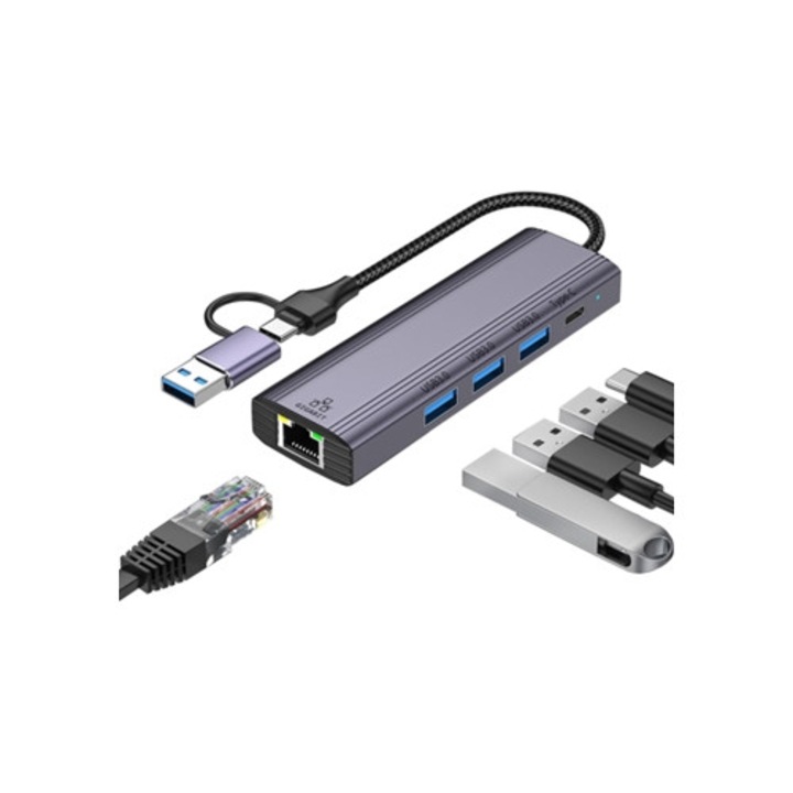 Hub USB-C/USB 3.0 5-in-1, adaptor dual, Ethernet, 5x10x2cm