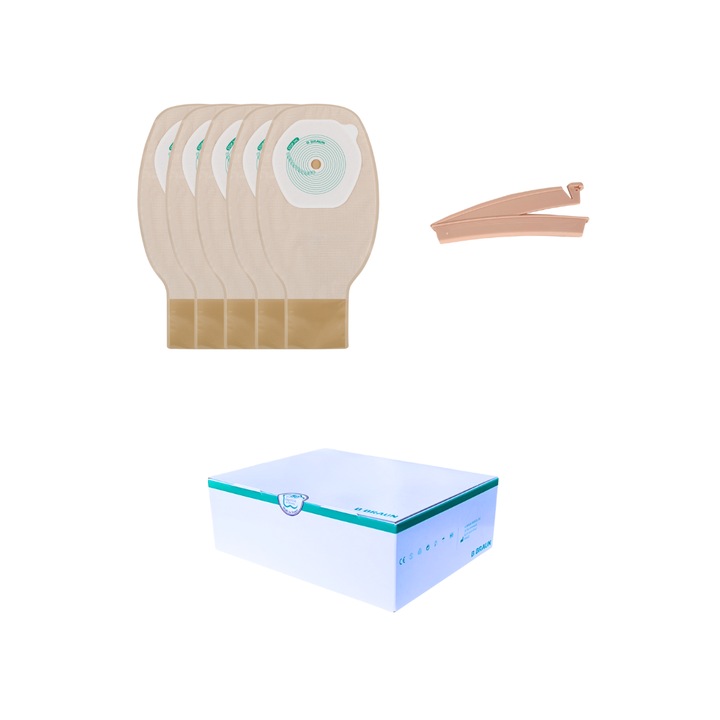 Set 5 pungi de colostomie/ileostomie, B Braun, 10-70 mm, cu evacuare, clema, bej deschis