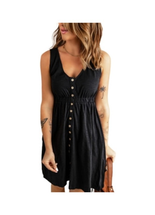 Rochie scurta de dama, decolteu in V, talie lejera, negru, fabricata din material usor, XS INTL