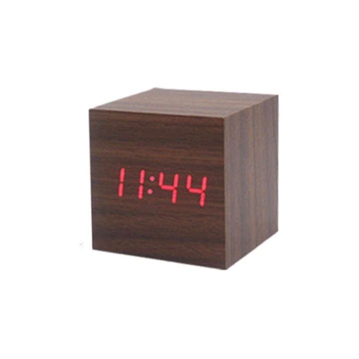 Dekoratív digitális óra, kettős riasztó, LED kijelző, fából készült kocka, kis méret