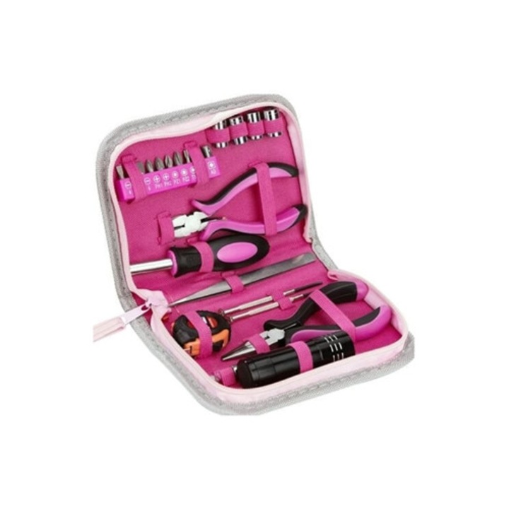 Set unelte pentru reparatii, surubelnite cu capete multiple, ruleta retractabila, roz