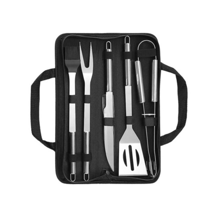 Set ustensile gratar din otel inoxidabil, 4 piese, pentru gatit in aer liber