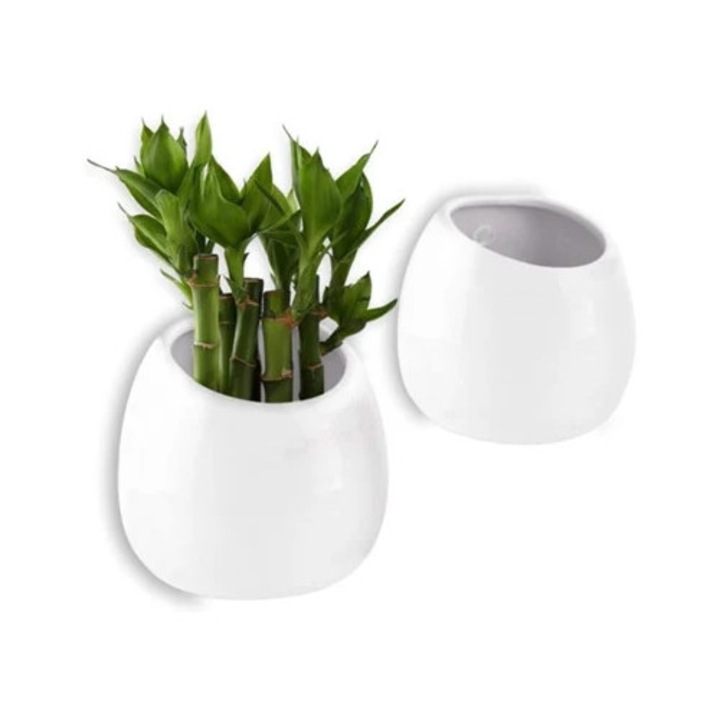 Ghiveci ceramic, decorativ, suspendat, alb, cu orificiu de drenaj