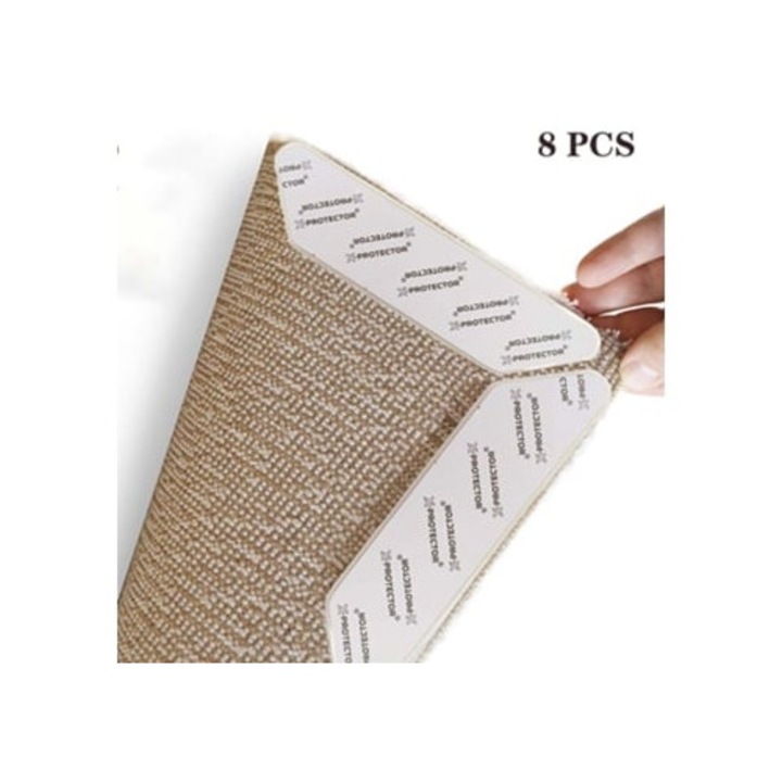 Set 8 benzi adezive reutilizabile pentru covoare, antiderapanta, alb