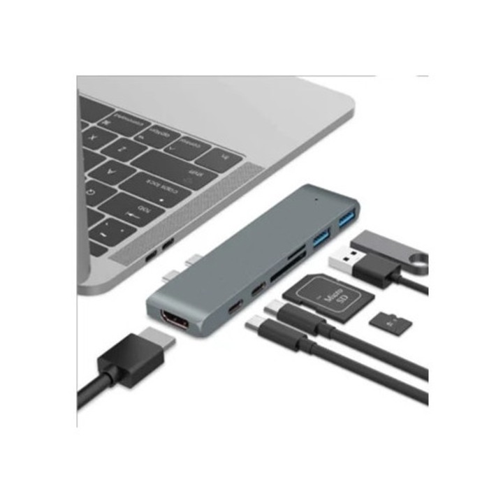 Hub USB C 5-in-1, cititor MicroSD, constructie metalica, compatibil cu MacBook Pro Air