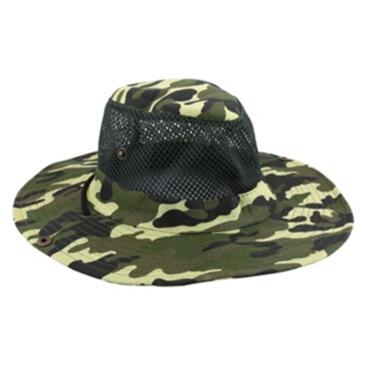 Palarie de pescuit si vanatoare cu bor lat, camuflaj padure, protectie solara, set cu plasa