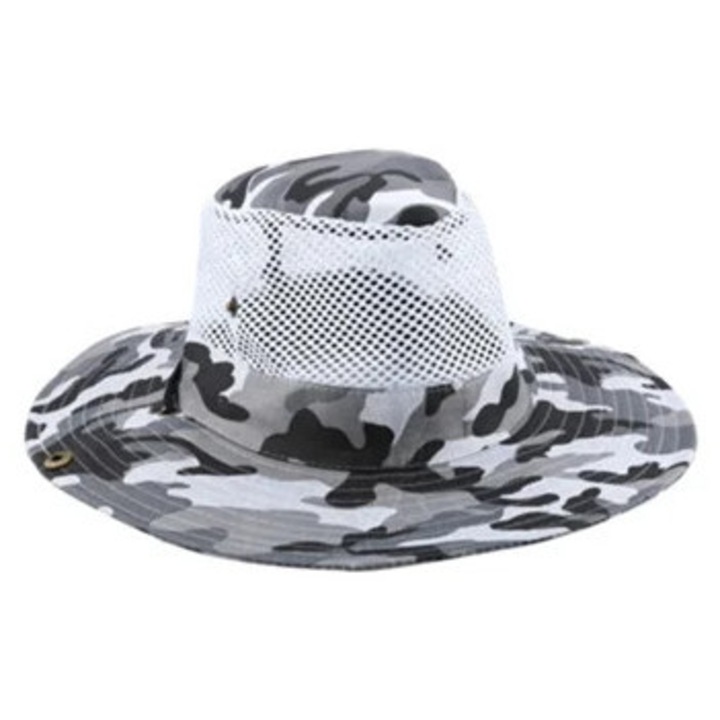 Palarie de pescuit si vanatoare camuflaj alb-negru, protectie solara, set cu plasa